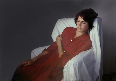 Agnes in Red Dress on White Chair 2009unique Ilfochrome print48 x 68 inches122 x 172.5 cm© Richard Learoyd