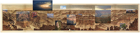 © Mark Klett and Byron Wolfe, 2007. Details from the view at Point Sublime on the north rim of the Grand Canyon, based on the panoramic drawing by William Holmes (1882). Background: William Henry Holmes, 1882. Sheets XV, XVI, XVII. Panorama of Point Sublime. From Clarence Dutton, Atlas to Accompany the Monograph on the Tertiary History of the Grand Canyon District. (Courtesy of the Library of Congress).