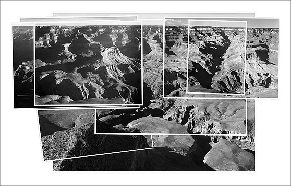 © Mark Klett and Byron Wolfe, 2008. Combined record of Ansel Adams' photographs made over the course of an entire day, Yavapai Point. Inset (all): Ansel Adams, 1941. Grand Canyon National Park, Arizona. (Courtesy of the Center for Creative Photography, Tucson, AZ and the National Archives, Washington, DC)