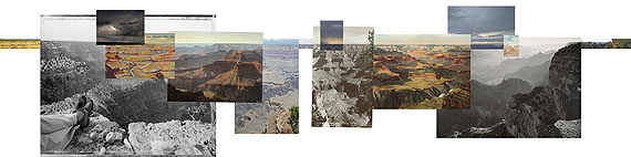 © Mark Klett and Byron Wolfe, 2008, Panorama of Hopi Point based on the horizon line from west to east. Inset (L to R): Mark Klett and Byron Wolfe, 2007. South rim edge looking west at sunrise. Mark Klett, 1983. Picnic on the edge of the rim.