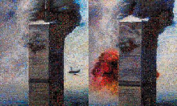 GOOGLEGRAM: SEPTEMBER 11, 2005, c-print, 95 x 160 cm . September 11 plane crash snapshots. The photographs have been refashioned using photomosaic freeware, linked to Google’s Image Search function. The final, result is a composite of 8,000 images available on the Internet that responded to the words: