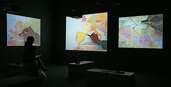 Bouchra Khalili (Morocco/France, 1975)The mapping journey project, 2010 | Five-channel video installationThrough the routes travelled illegally by five immigrants, between Europe and Palestine, this work outlines a parallel geography, in a context of sociocultural displacement and “clandestine existences,” to quote philosopher Michel Foucault.© SESC_Videobrasil