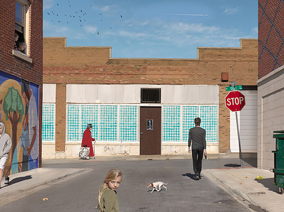 Julie Blackmon, Olive and Market Street, 2012. Archival pigment print, 35 x 49 inches. Courtesy Robert Mann Gallery