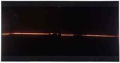 No 4. Permanent Daylight (4-8.dec.'03 - 8-12 jan. '04)expozition time: two times 4 nights (5pm-8am)caravan as camera,camera obscura, ciba chrome paperfrom two parts, 127 x 302 cm, mouted on plexy glass
