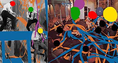 Fissures (Orange) and Ribbons (Orange, Blue): With Multiple: Figures (Red, Green, Yellow), Plus Single Figure (Yellow) in Harness (Violet) and Balloons (Violet, Red, Yellow, Grey), 2004
Three dimensional digital archival print with acrylic paint on Sintra, Dibond, and Gatorfoam panels, diptych, 303,53 x 229,87 x 8,89 cm Deutsche Guggenheim © 2004 John Baldessari