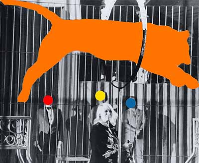 Tiger (Orange) and Trainer: With Three Figures (Red, Yellow, Blue), 2004
Three dimensional digital archival print with acrylic paint on Sintra, Dibond, and Gatorfoam panels, 119 in x 147 in x 3 in / 303,53 x 374,65 x 8,89 cm Deutsche Guggenheim © 2004 John Baldessari