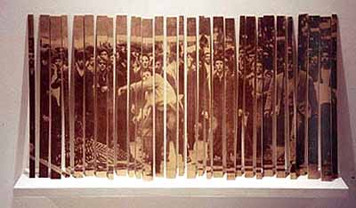 Graciela Sacco, Cuerpo a Cuerpo (Body to Body) No.38, 1996 – 2000. Heliography printed on individual pieces of found wood. Copyright the artist, courtesy of the Stephen Cohen Gallery.