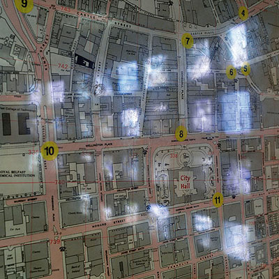 Claudio Hils aus Archive Belfast: Polizeirevier Musgrave Street, Städtisches Videoüberwachungssystem, Stadtplan mit den Standorten der Videokameras