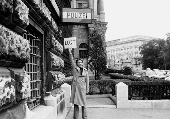 Peter Weibel, Polizei Lügt, Performance from the series »Anschläge« Vienna, 1970/1971Photo: Archive Peter Weibel © Peter Weibel