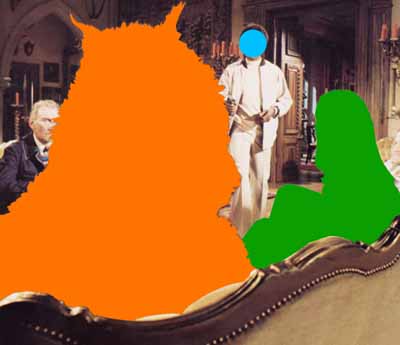 Beast (Orange) Being Stared At: With Two Figures (Green, Blue), 2004
Three dimensional digital archival print with acrylic paint on Sintra, Dibond, and Gatorfoam panels
303.53 cm x 351.79 cm x 8.89 cm Deutsche Guggenheim © 2004 John Baldessari
