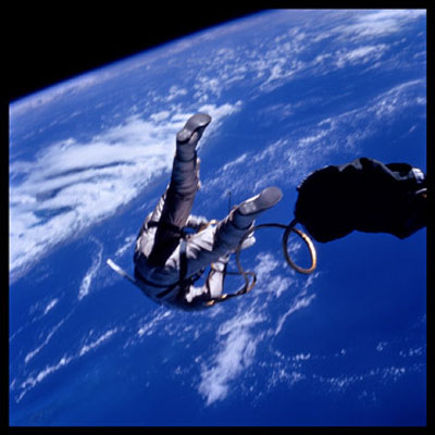 Edward White in the first American spacewalk, Gemini 4, 1965.