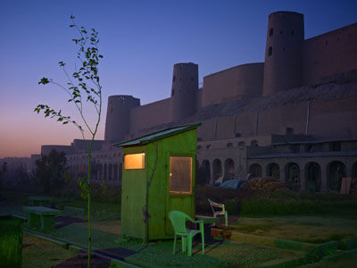 A security guard’s booth at the newly restored Ikhtiaruddin Citadel, Herat, 201040x53' from an edition of 7© Simon Norfolk
