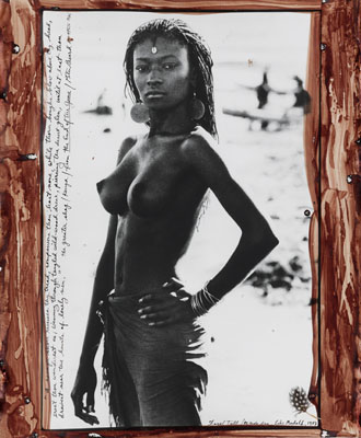 Lot 340: Peter Beard, Fayel Tall / El Molo Bay, Lake Rudolf, silver print with applied blood and feather, 1987, printed 1997. Estimate $20,000 to $30,000.&copy; The Peter Beard Studio
