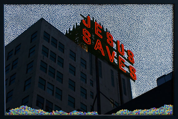 Jesus Saves2010Perforated C-print, confetti, frame66 x 100 cmEdition 5